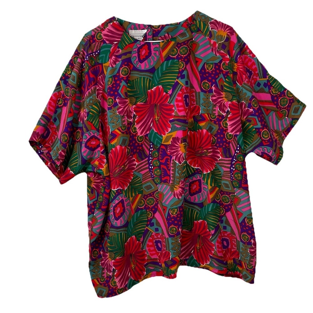 VTG Impressions Womens Blouse Top Size 44  Short Floral 100% Silk (?)